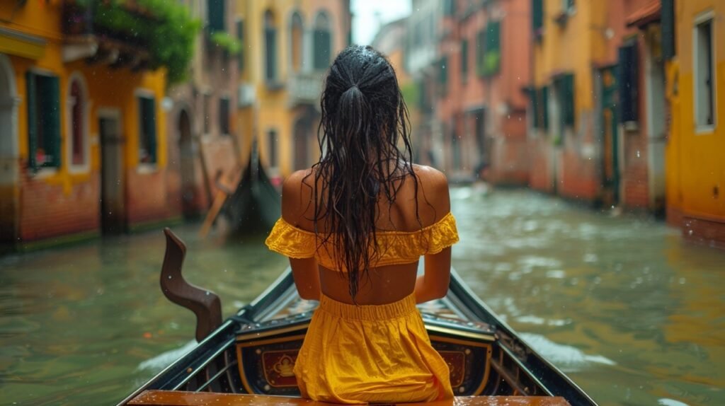 Gondola experience in Venice – stock image of a young woman riding through Venice’s canals