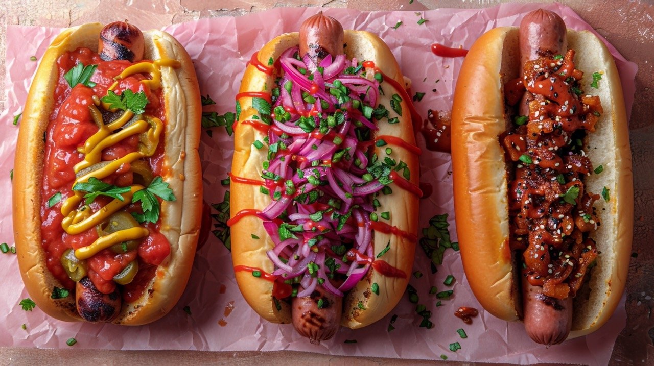 Gourmet Hot Dogs Overhead View of 3 Tasty Recipes on Plain Pink Background