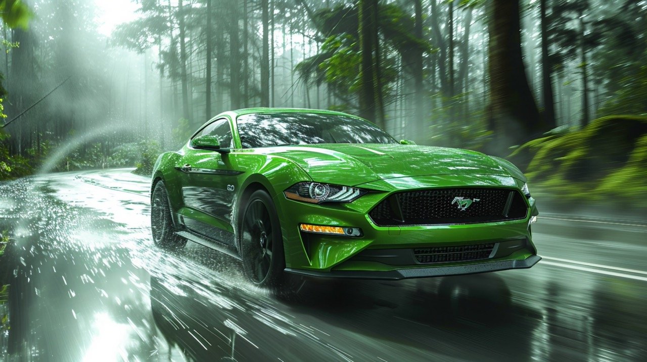 Green Ford Mustang on Road – Stunning Automotive Photography of Classic Muscle Car in Motion