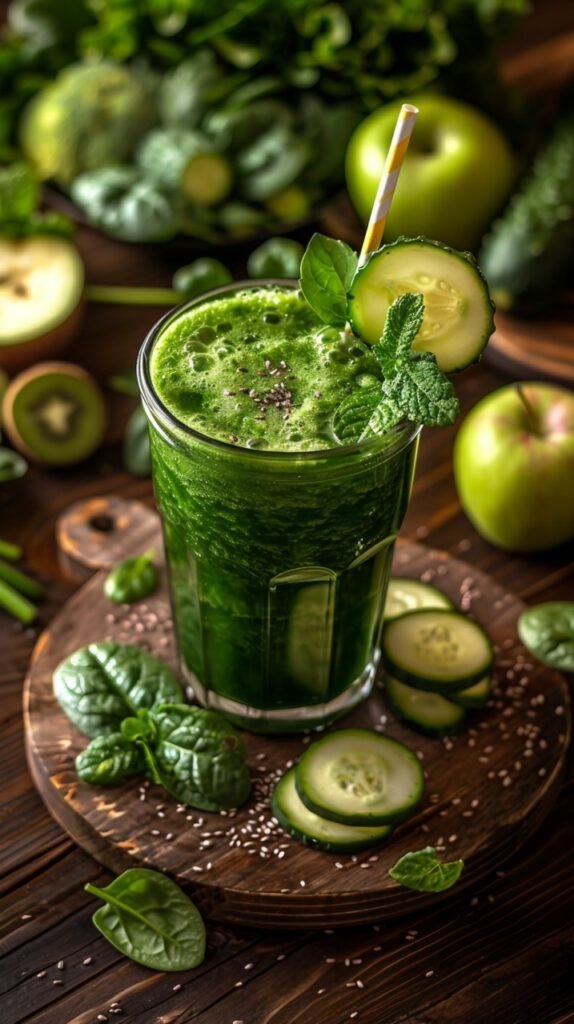 Green juice delight Rustic wood table – Stock photo of fresh vegetable juice with straws