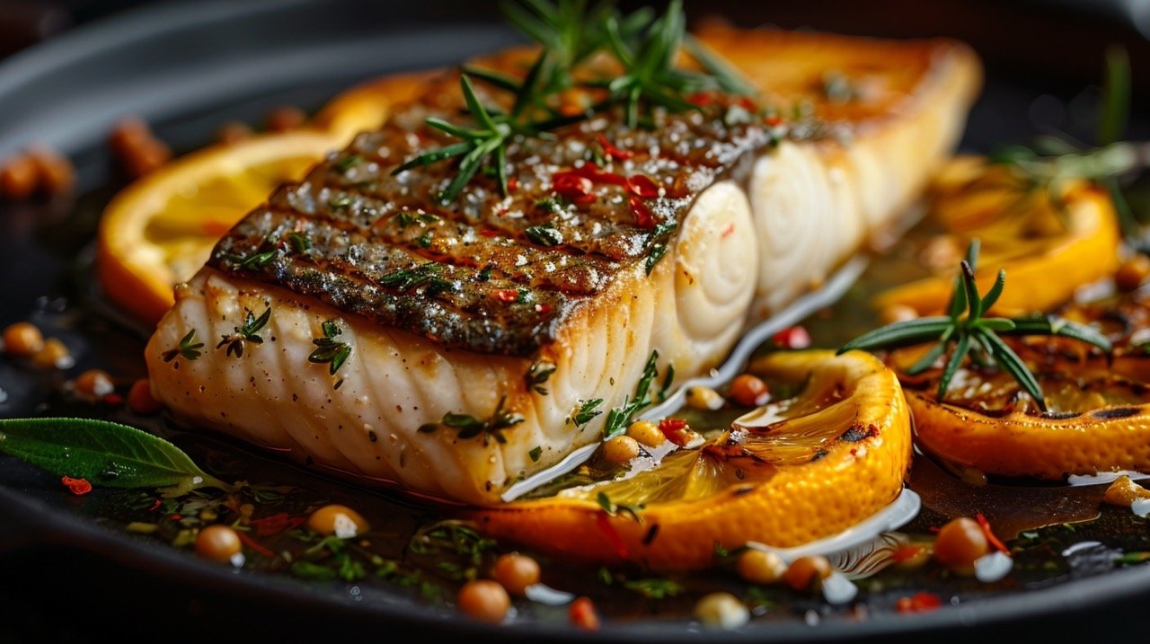 Grilled Sea Bass Delight – Fine Dining Culinary Artistry in Captivating Stock Photo