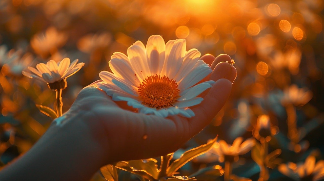 Nature’s Gift – Person Holding Flower, Creative Art Outdoor Photography, Daisy Blossom – Stock Image