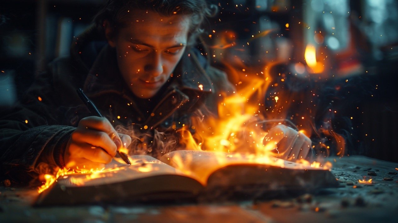 Hard work Closeup of young man setting page on fire – Stock photo of dedicated effort