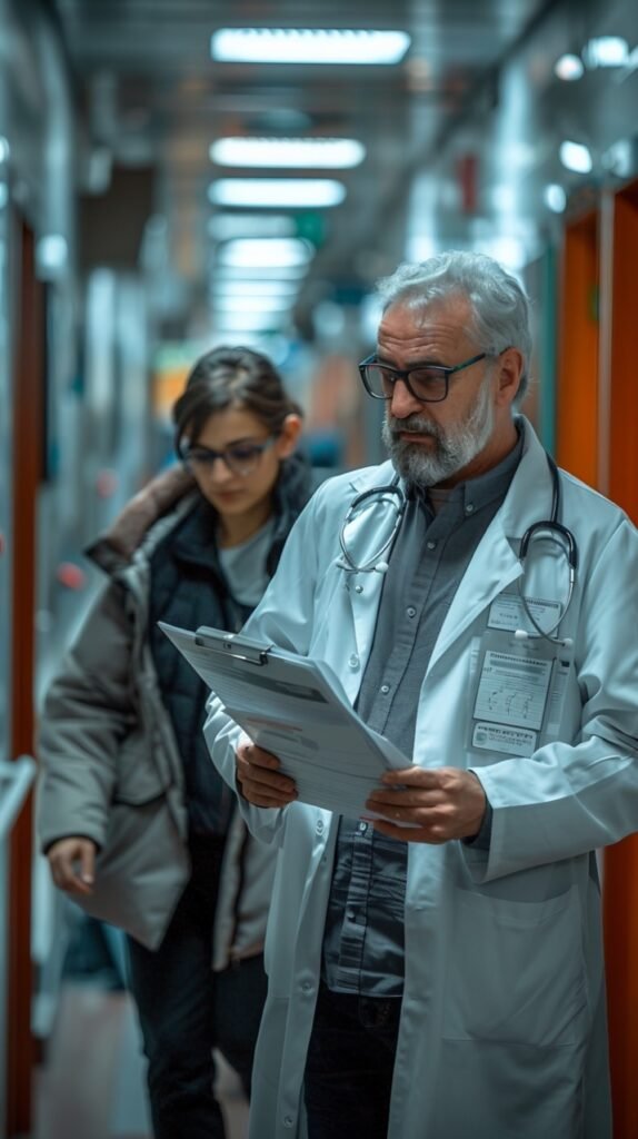 Healthcare Communication Two Doctors Discuss Electronic Patient Record – Hospital Scene – Stock Photo