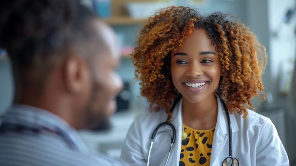 Healthcare Discussion Doctor Explaining to Patient in Hospital – Smiling Medical Worker – Stock Photo