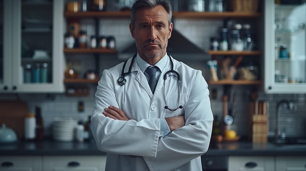 Healthcare Provider Male Doctor in Cabinet – White Coat, Crossed Arms – Stock Image