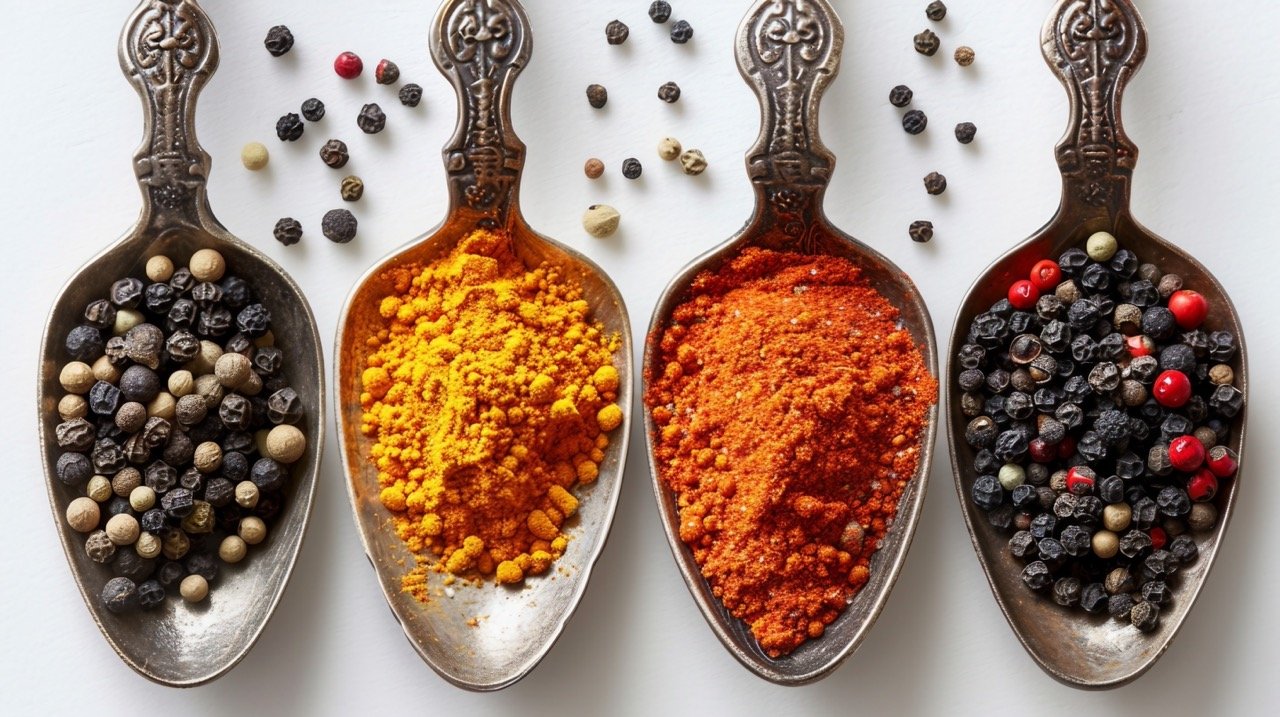 Herbs and Spices in Vintage Spoons – Top-Down View on White Background in Stock Photo