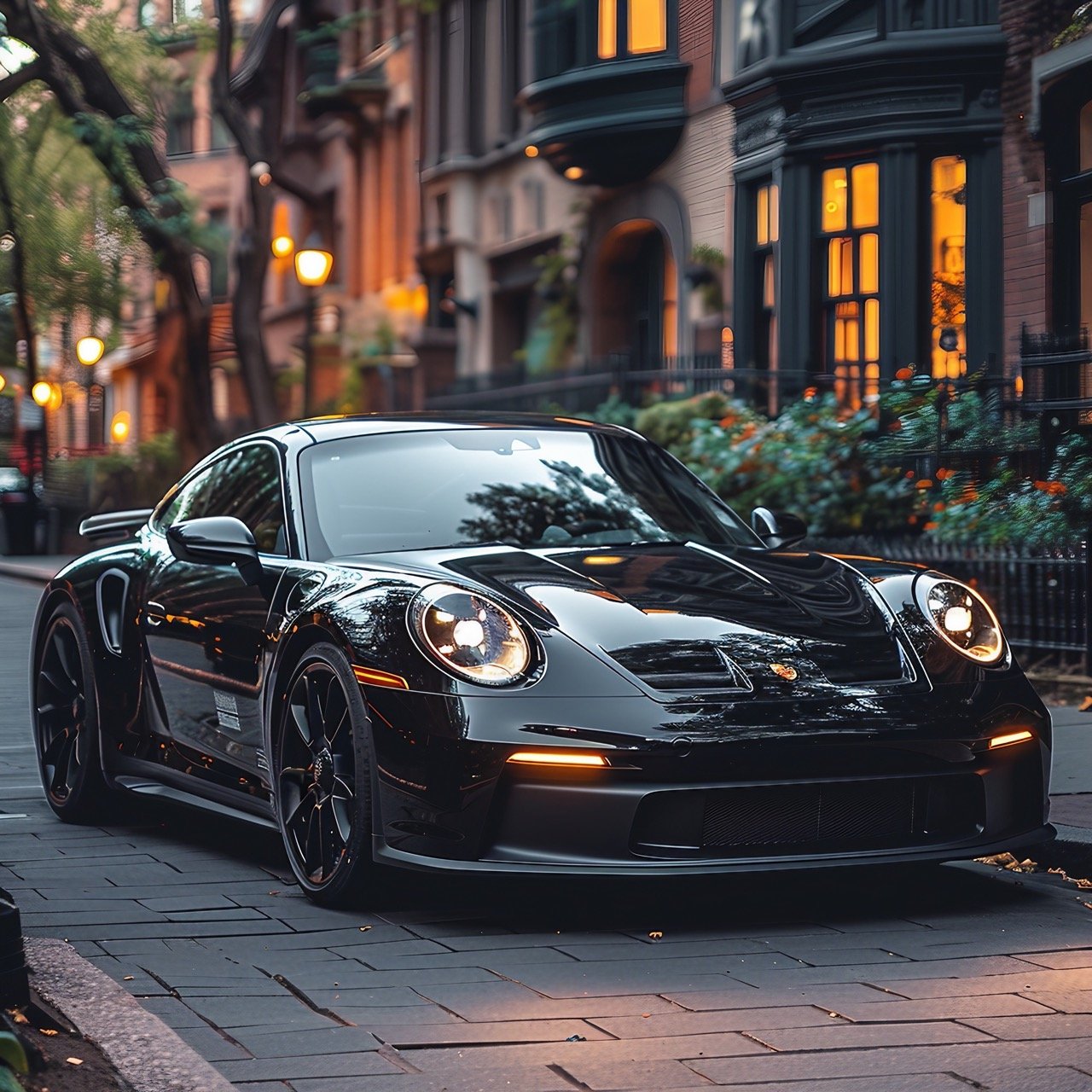 High-Quality Image of Parked Black Porsche 911 on Gray Pavement Ideal for Automotive Themes