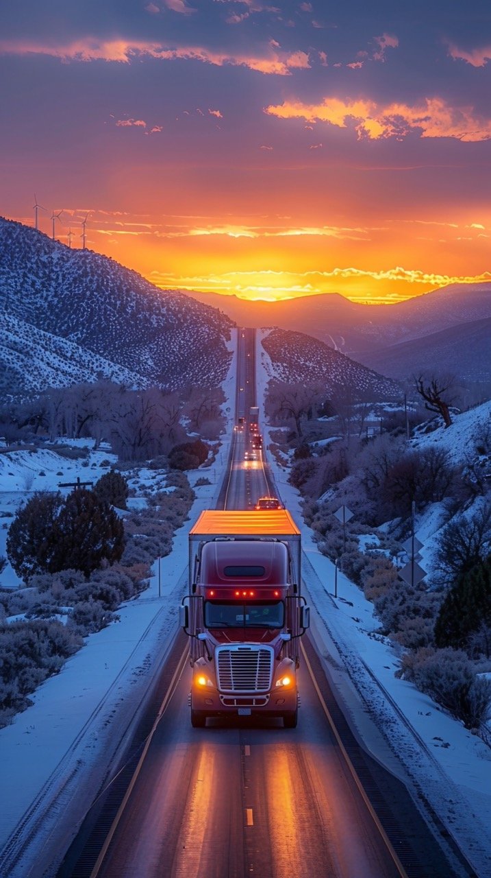 Highway Journey Truck in Rear View at Albuquerque Sunset – Stock Image