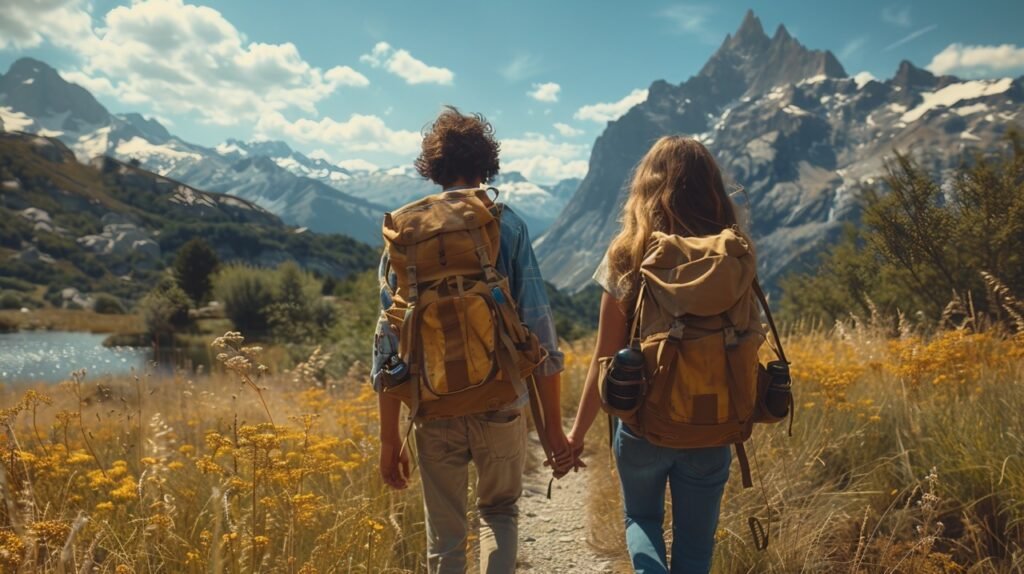 Hiking success – stock photo capturing a proud young couple reaching their destination in the mountains