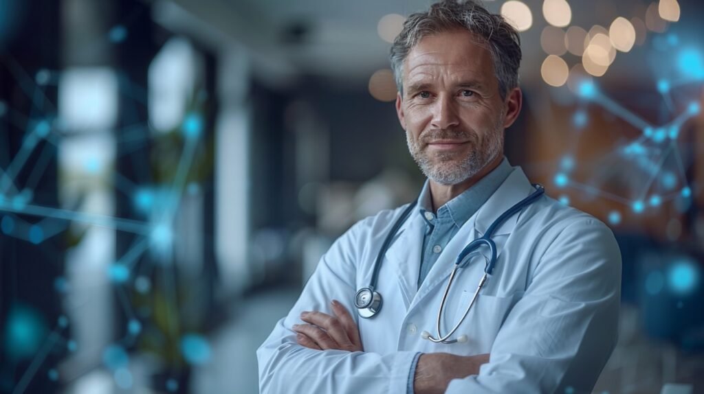 Hospital Scene Confident Doctor with Tablet PC – Professional Male Physician – Stock Photo