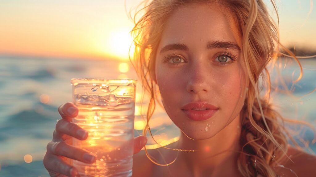 Hydrating by the sea Woman drinks water – Stock photo of seaside hydration after beach running