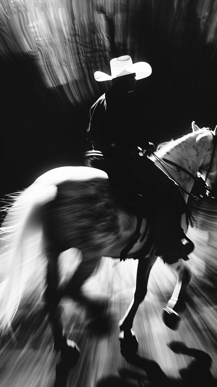 Illuminated Cowboy 1993 Party Photo, Black & White, Horse Ride, Silhouetted by Pure White Light