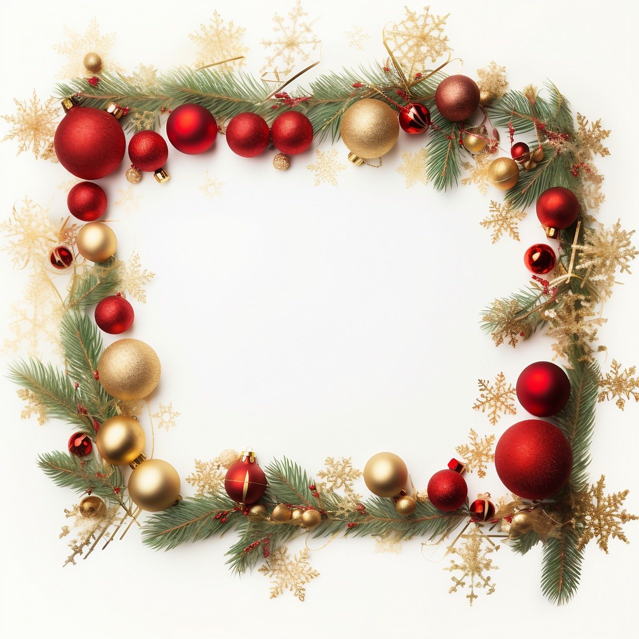 In this image, discover a Christmas-themed frame adorned with spruce and red and gold Christmas ornaments within a white space