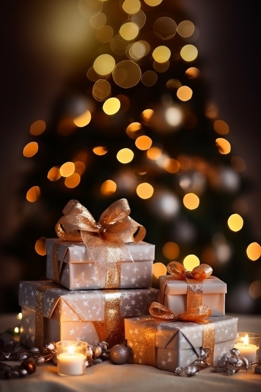 In this stock photo, discover exquisite Christmas gifts complemented by decorative lights