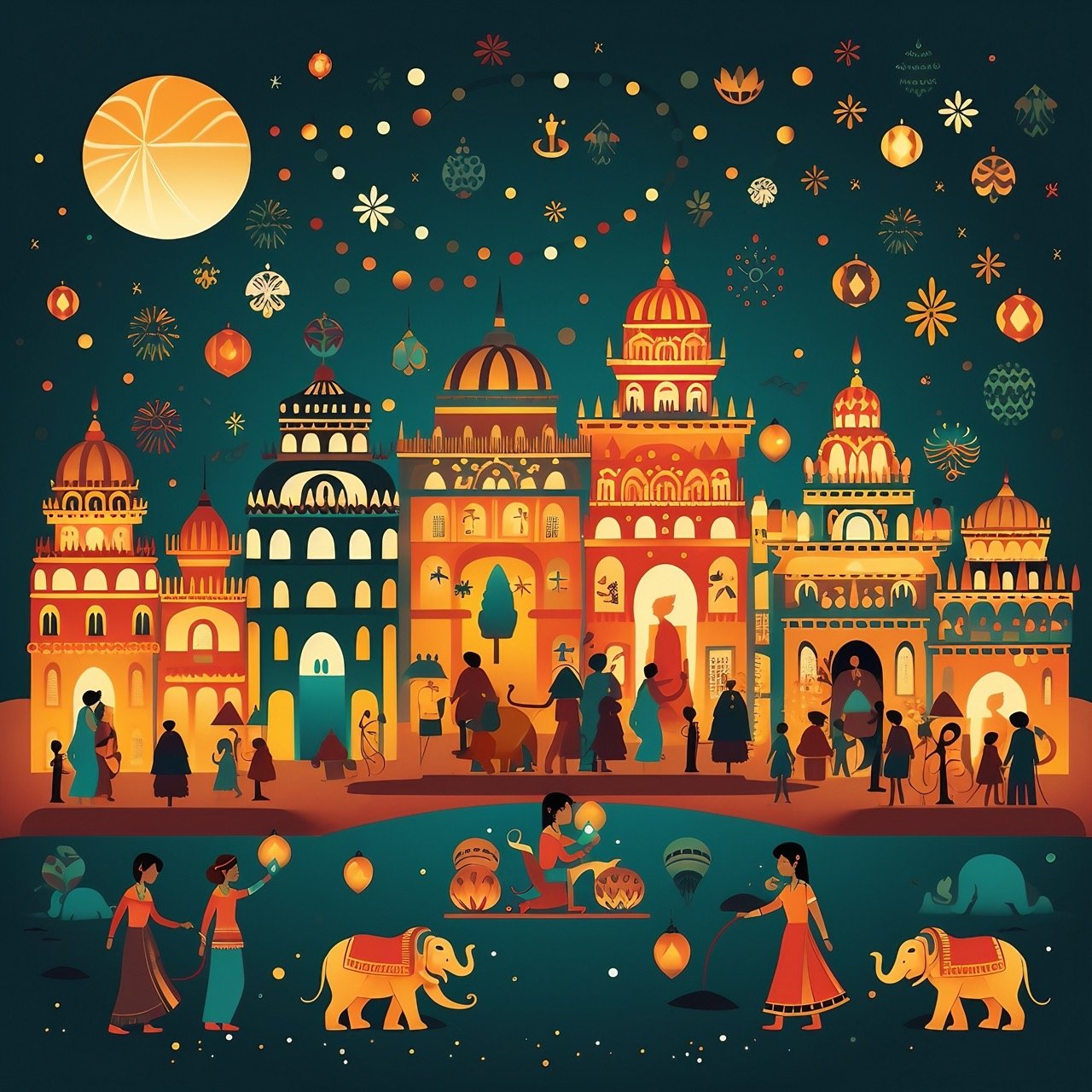 In this vector illustration, witness a festive Indian celebration with people holding lanterns and an elephant