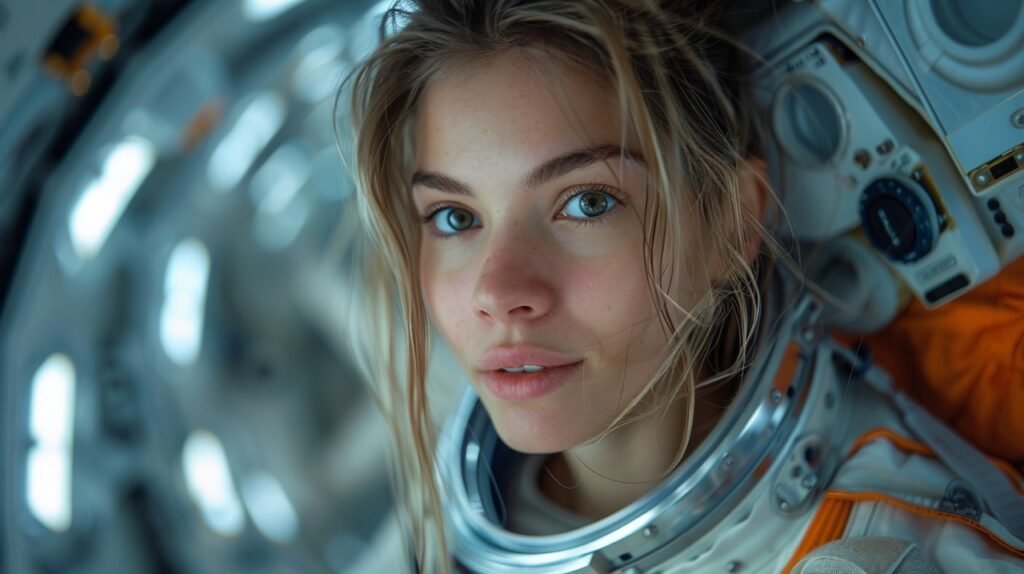 Inside Spaceship Portrait – Female Commercial Space Traveler, Stock Photo of Space Exploration Experience