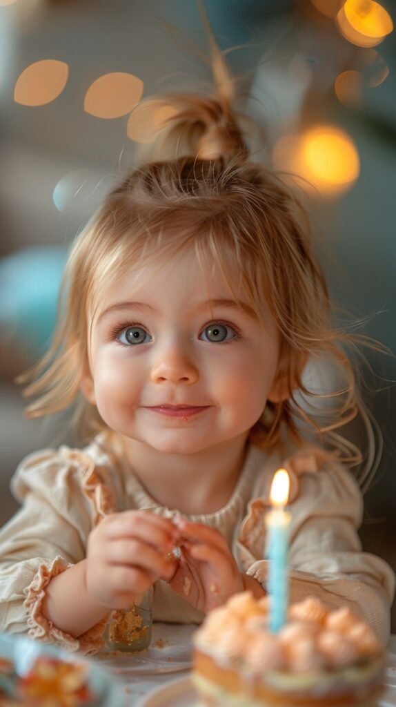 Joyful Baby Girl’s First Birthday – Stock Photo of Festive Celebration with Homemade Cake