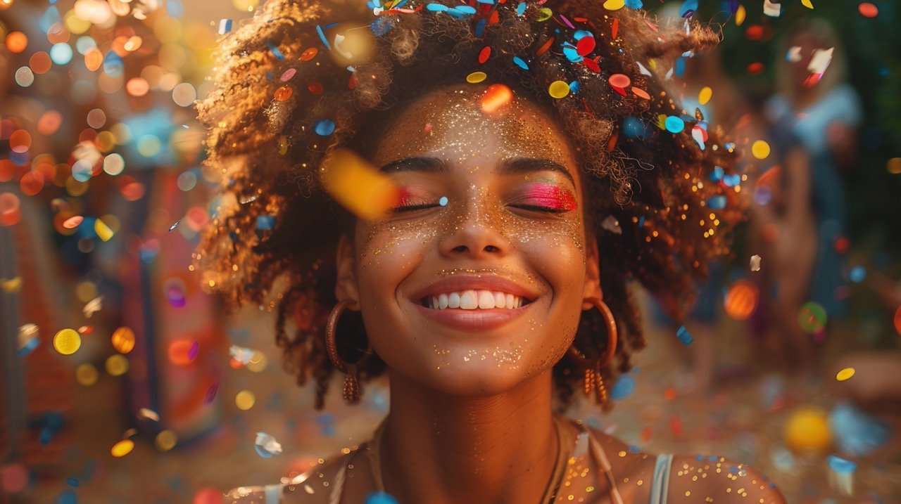 Joyful Confetti Party Scene – stock picture of people celebrating birthdays and office parties with enthusiasm