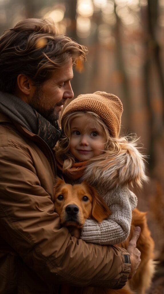 Joyful Family Scene Dad, Mom, Daughter, Dog – Stock Photograph