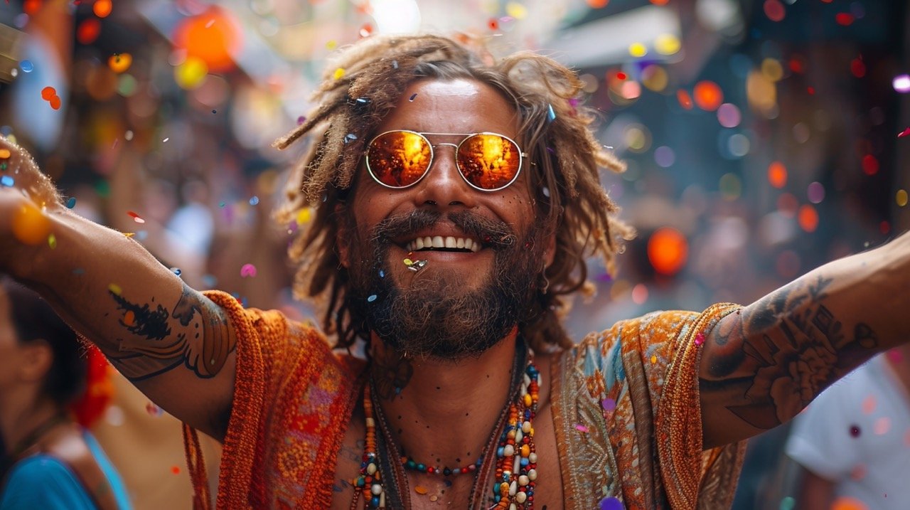 Joyful Hipster with Confetti – stock photo of a trendy individual delighting in colorful confetti festivities