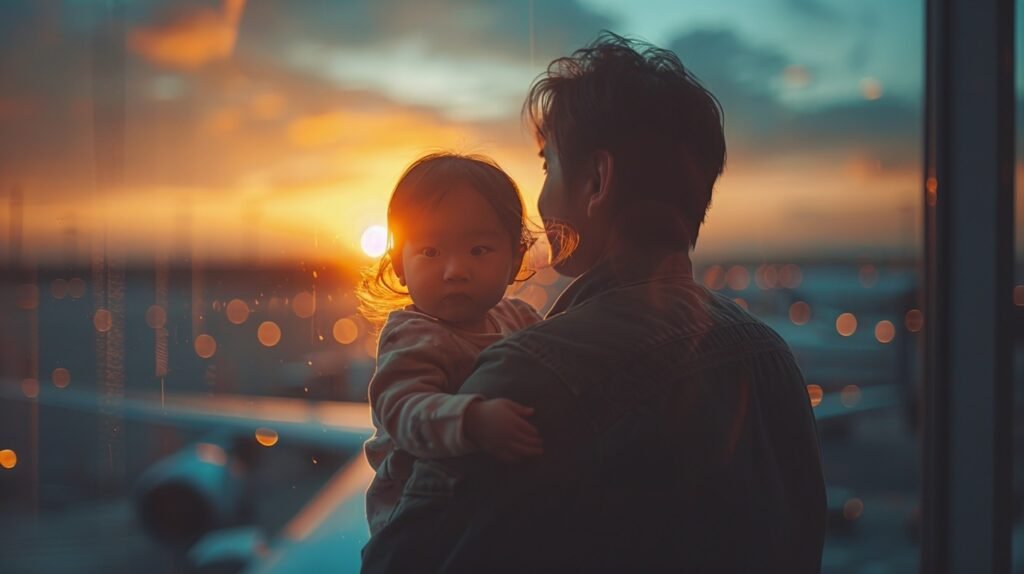 Joyful airport wait – stock image of Asian father and daughter looking at airplane through window