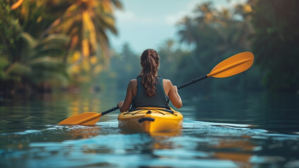 Kayaking in Monroe Island – stock photo of a young woman exploring backwaters in Kerala, South India