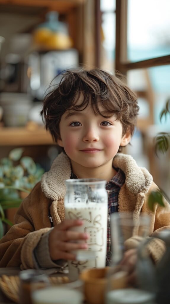 Kitchen milk break Young Asian Korean boy – Stock photo of a boy drinking milk happily