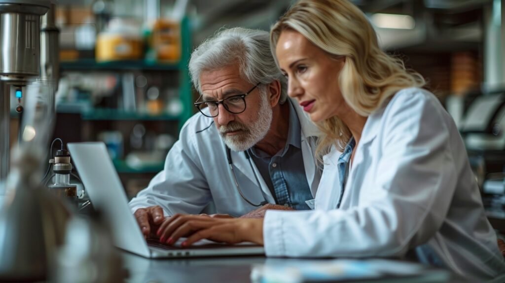 Lab Partners Mature Scientist and Colleague Utilize Laptop – Scientific Collaboration – Stock Image