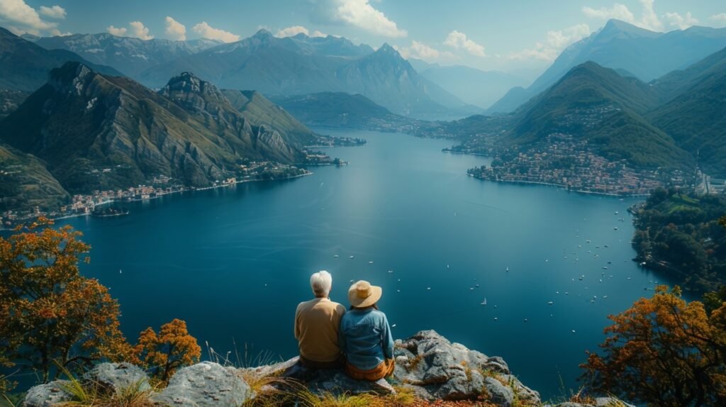 Lake Lugano hiking – stock image of mature couple admiring morning views from a viewpoint