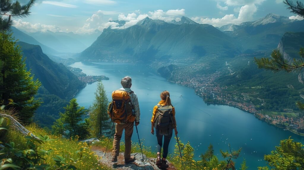 Lake Lugano morning view – stock image of mature couple relaxing and enjoying distant scenes