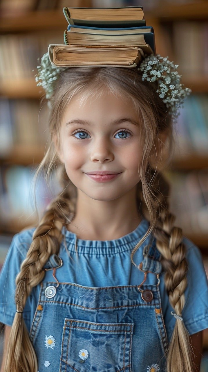 Library scene Smiling schoolgirl with stack of books – Cute children at modern school – Stock photo