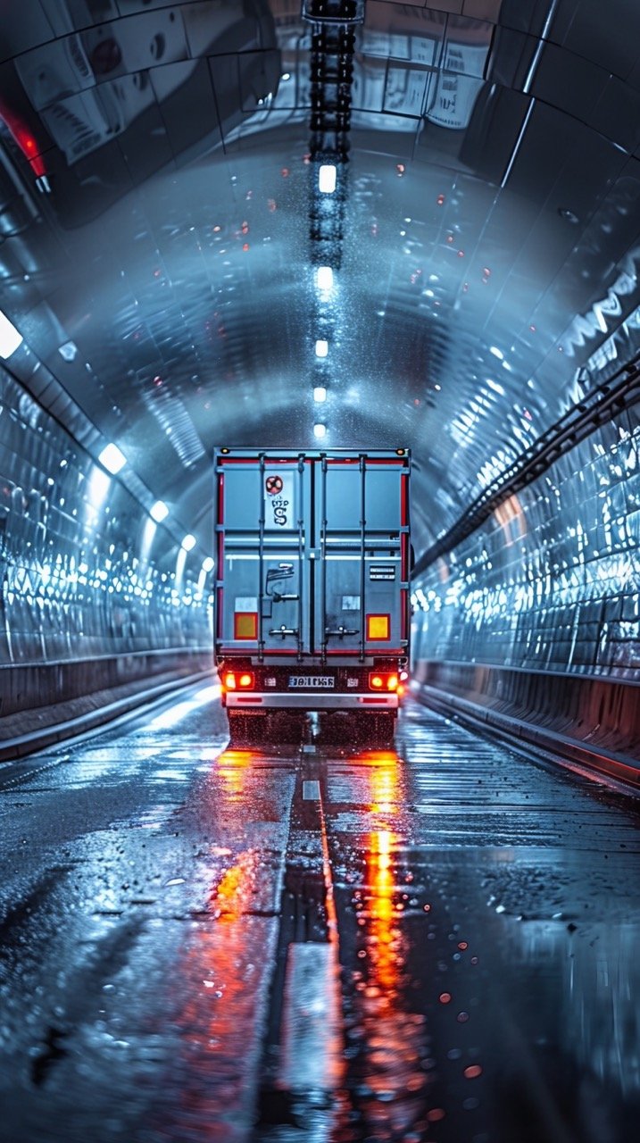 Lorry Transit Digital Enhancement in Tunnel with Background Cars – Stock Image