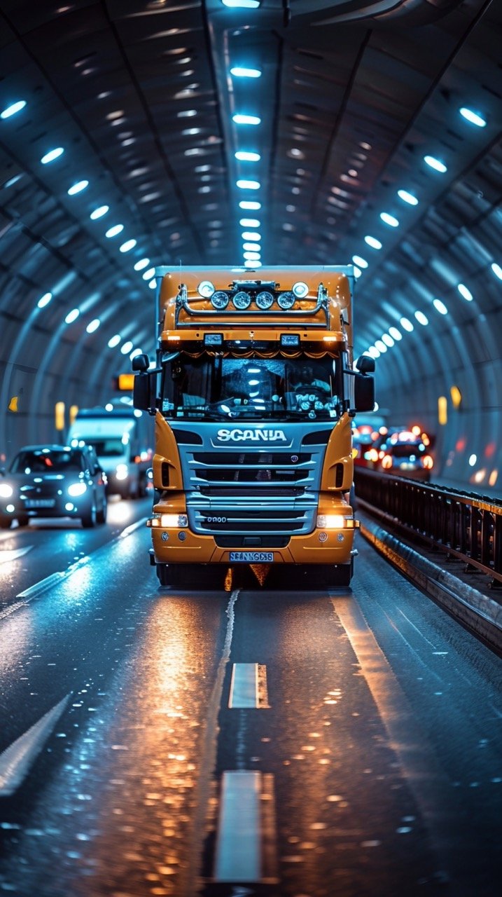 Lorry in Tunnel Digital Enhancement with Cars in Background – Stock Image