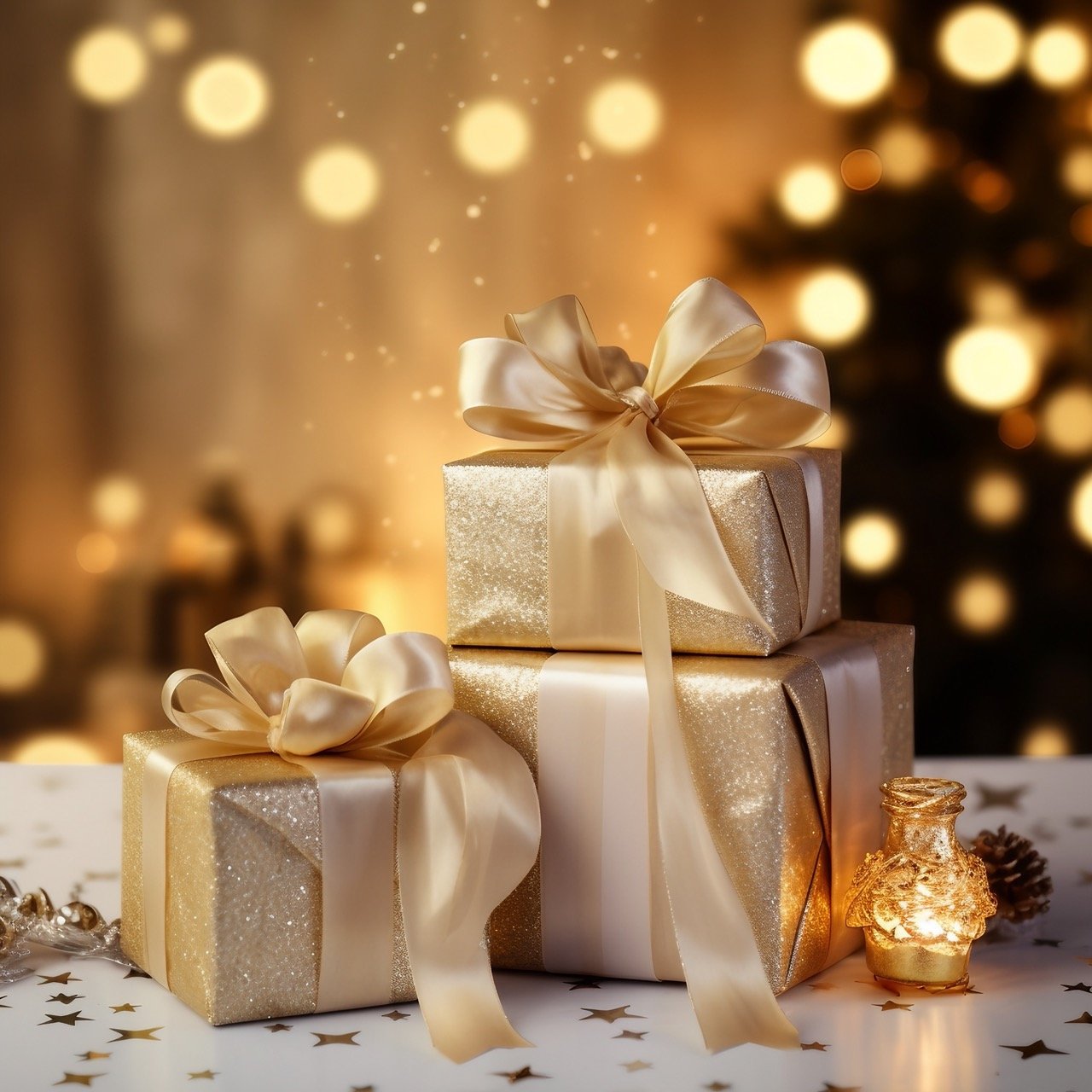 Lovely Christmas presents and decorative lights captured in a stock photo