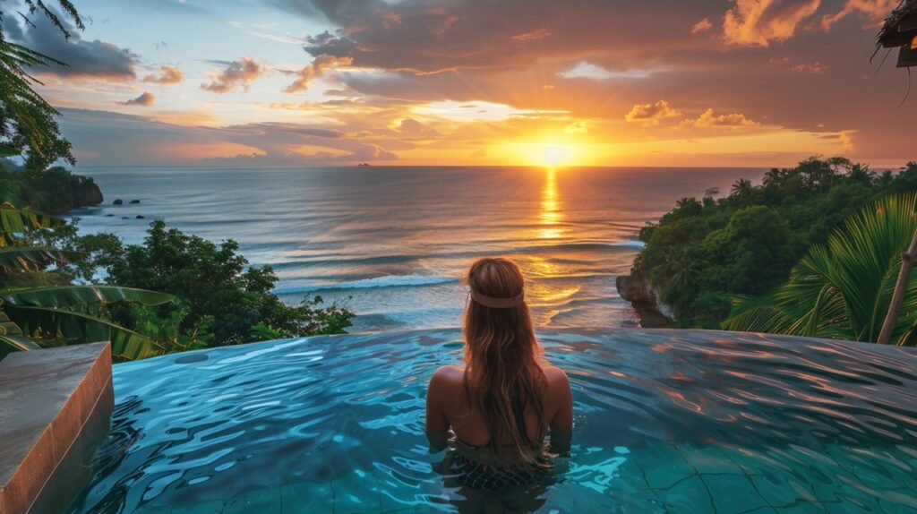 Luxury suite sunrise view – stock image of woman enjoying sunrise at tropical resort poolside