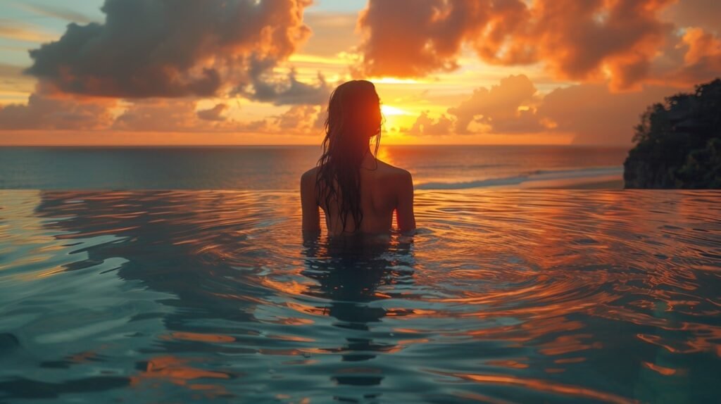 Luxury sunrise view – stock photo of woman enjoying sunrise from tropical resort poolside suite