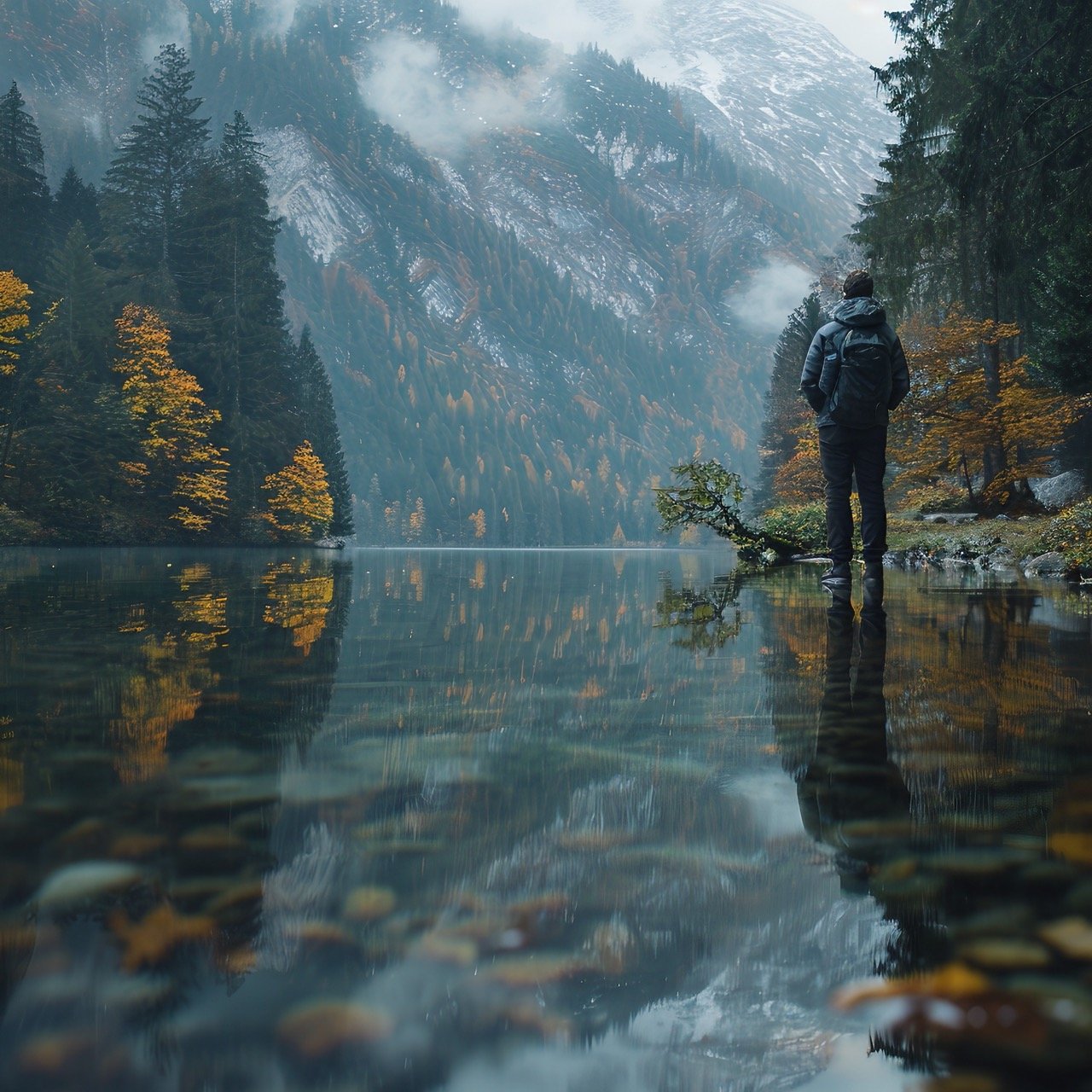 Man Facing Water – Solo Figure in Wilderness by Lake, Outdoor Scenic Landscape Reflections – Stock Photo