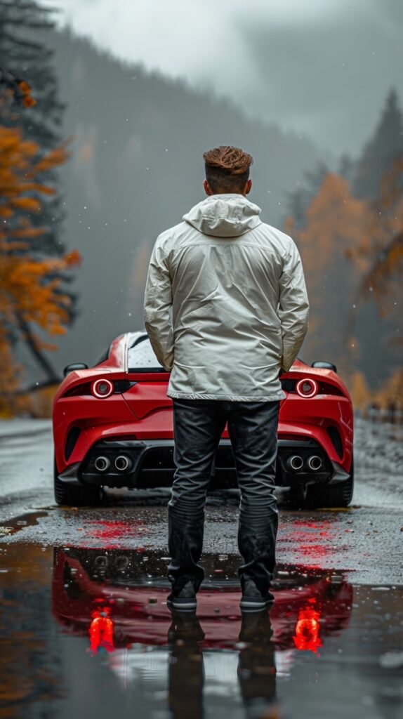 Man and Red Sports Car – Stock Photo of Owner Standing by His Sleek Vehicle