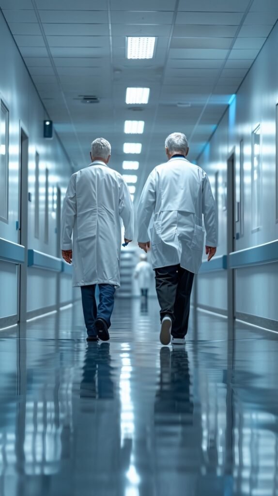 Medical Consultation Doctors in Hospital Corridor Discuss Electronic Patient Record – Stock Image