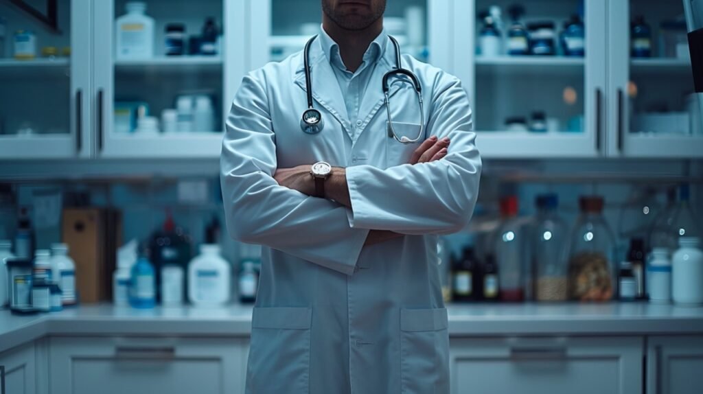 Medical Professional Male Doctor in Cabinet – White Coat, Crossed Hands – Stock Photo