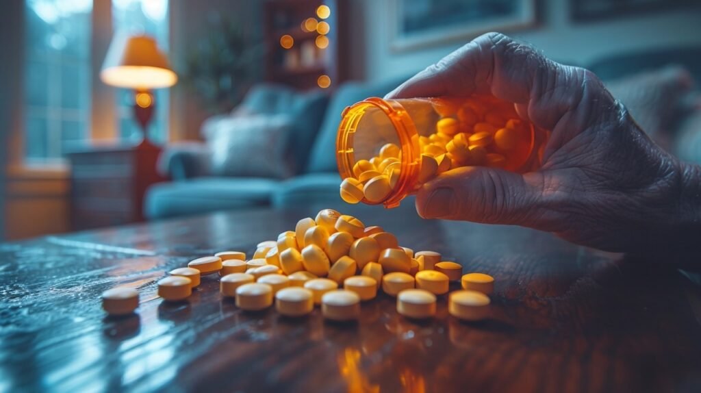 Medication Dispensing – Close-Up Male Hand with Pill Bottle at Home – Stock Image