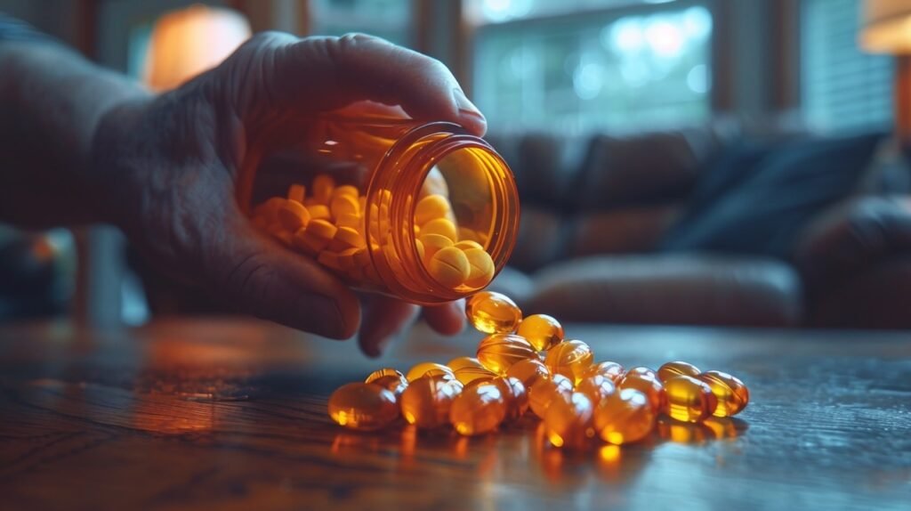 Medication Pouring – Close-Up Male Hand with Pill Bottle in Home – Stock Image