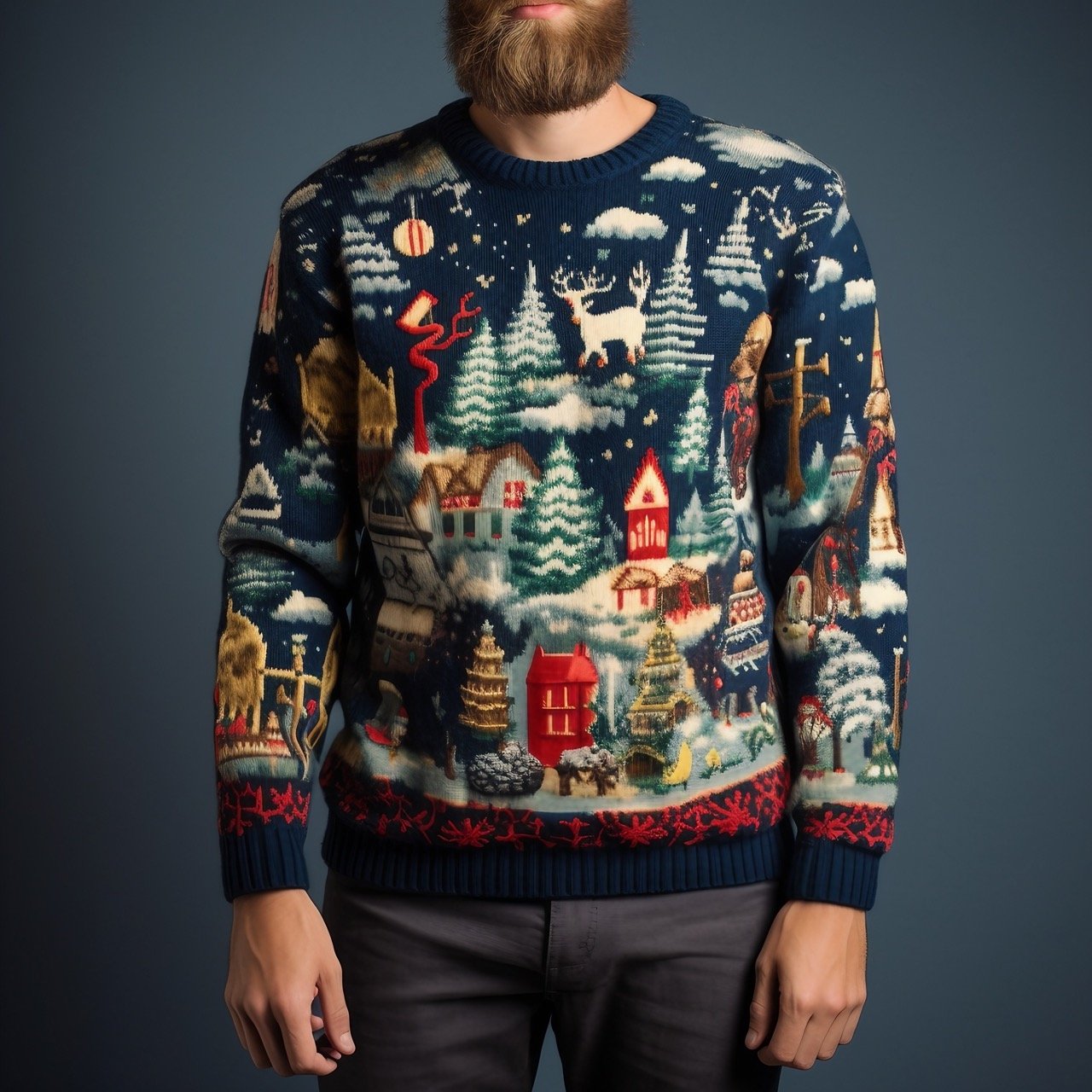 Men dressed in cozy sweaters for the Christmas holiday