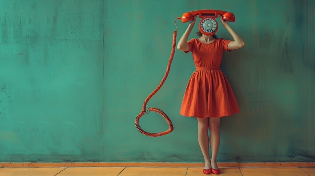 Mid-Air Landline Receiver – Vintage Red Rotary Phone on Yellow Surface Stock Photo