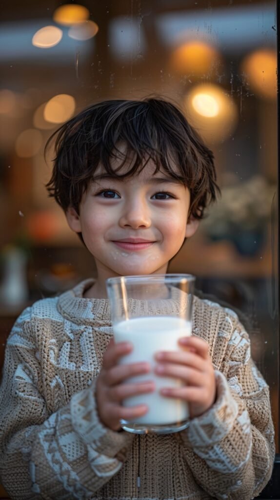 Milk moment Young Asian Korean boy drinks – Stock image of a happy boy enjoying milk