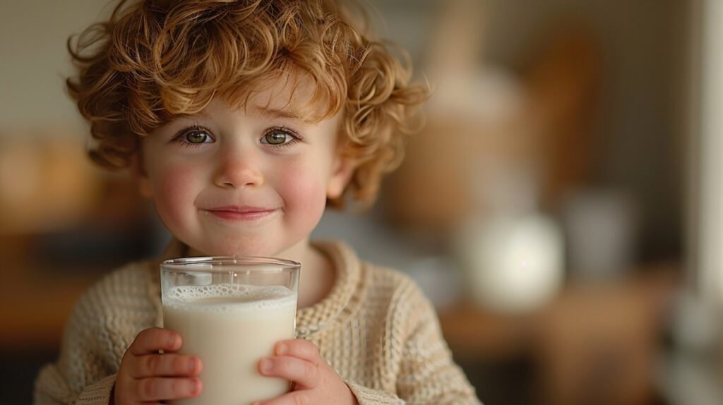 Milk time Child drinking from beaker – Stock photo of little boy enjoying milk