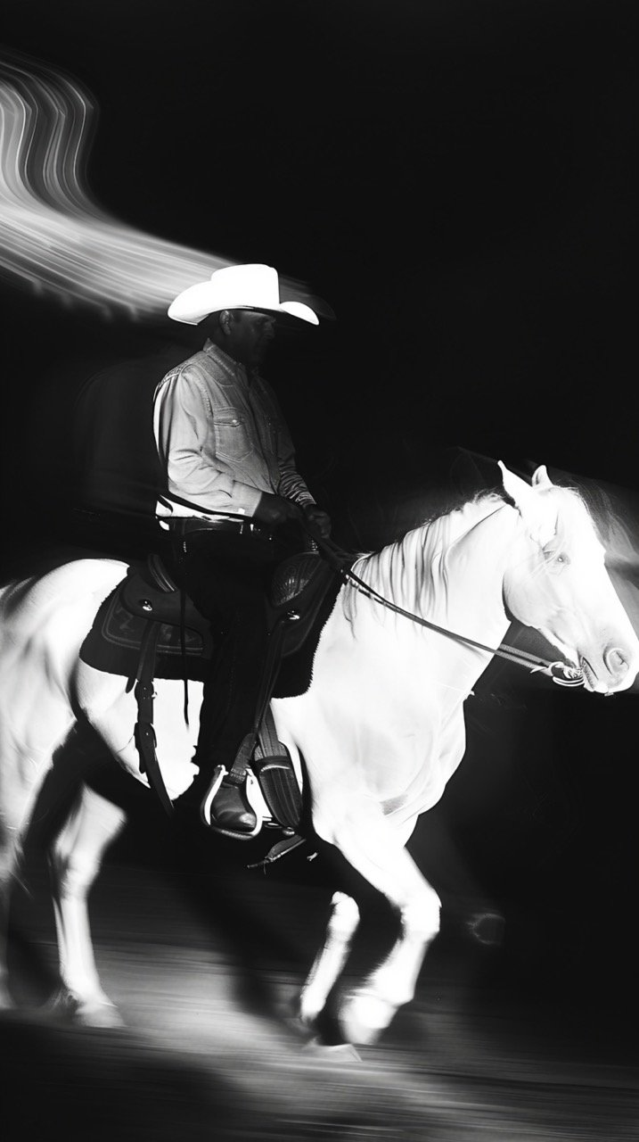 Monochrome Cowboy Motion 1993 Party Photo, White Light Silhouette Cowboy, Horse Ride, 35mm Lens