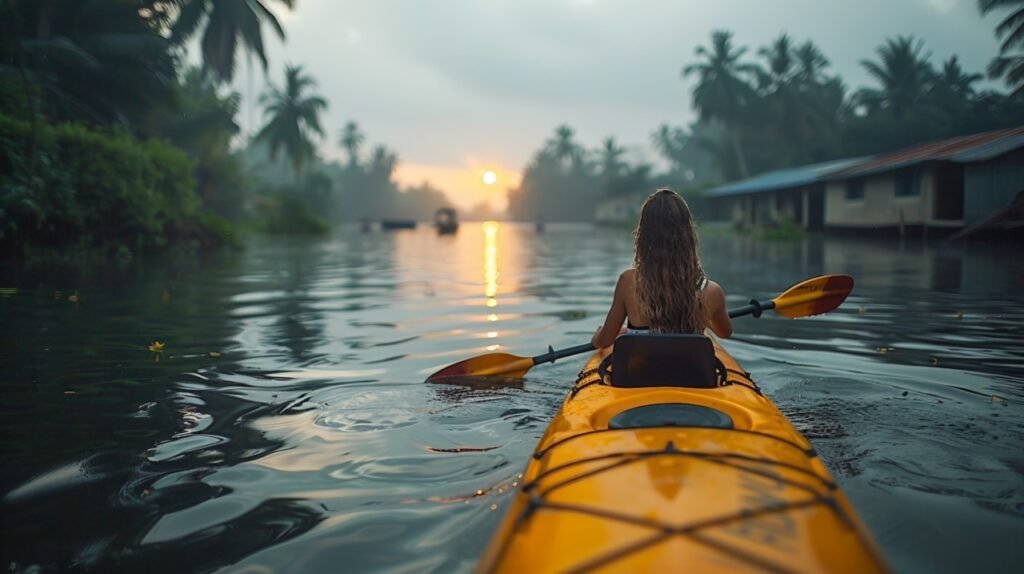 Monroe Island kayaking – stock image of a young woman paddling through Kerala’s scenic backwaters