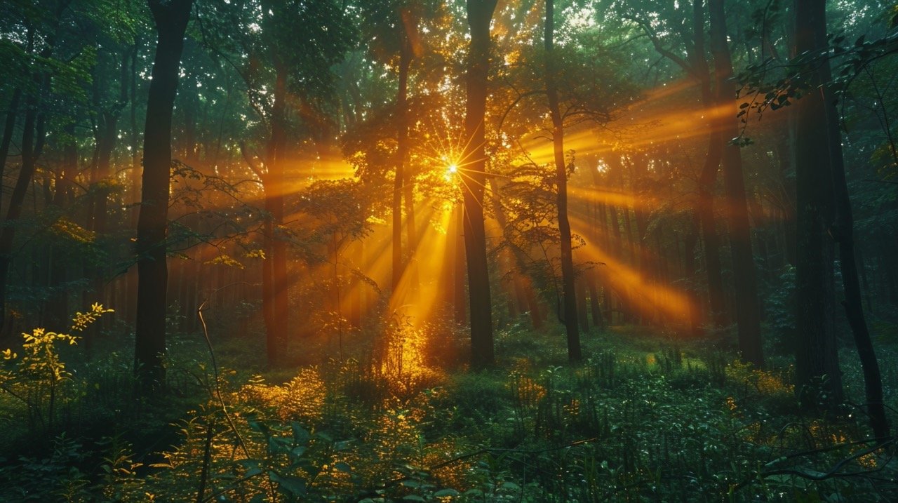 Morning Sunlight in Forest – Sun Rays Peeking Through Trees, Bright Natural Background – Stock Photo